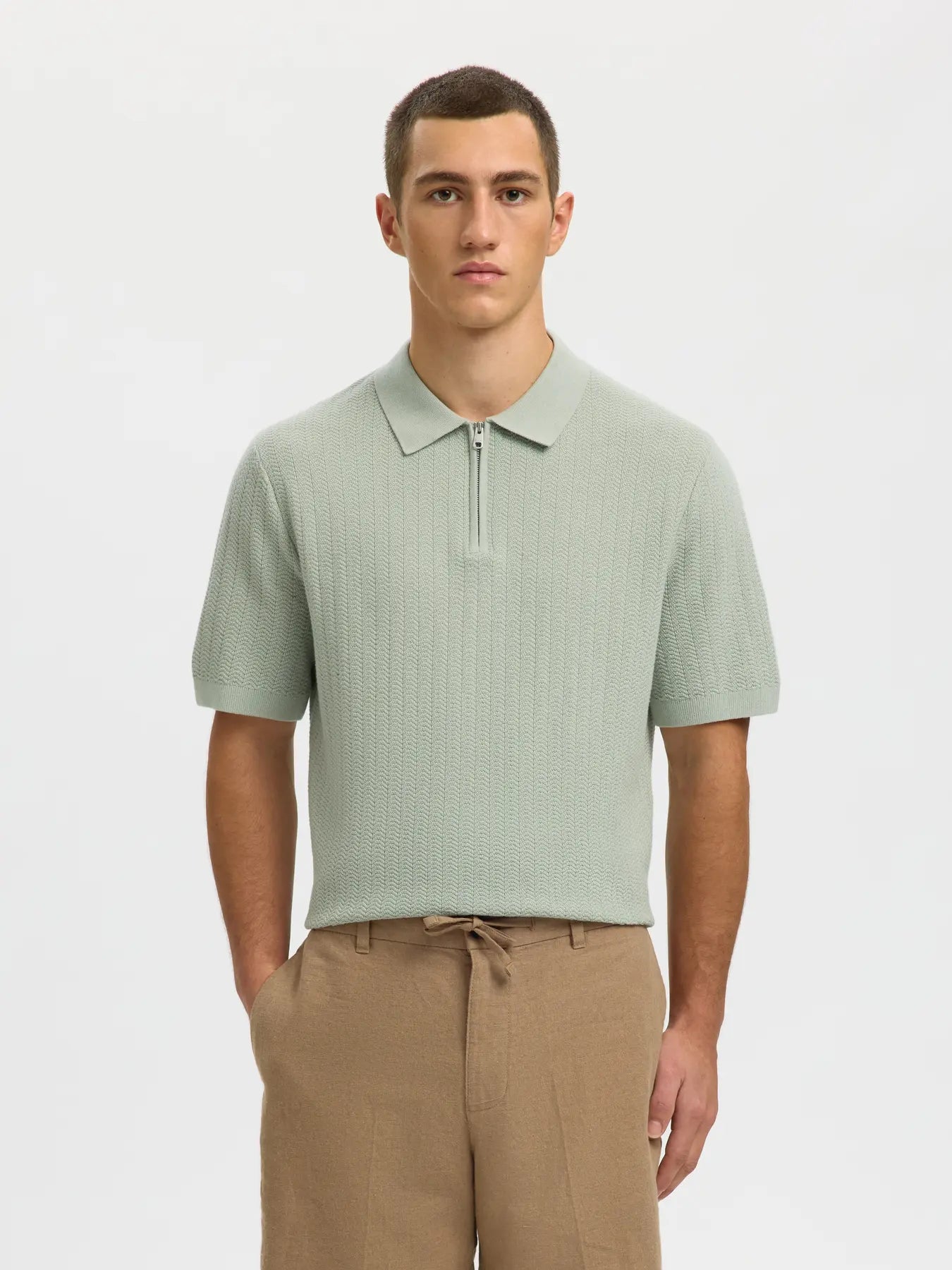 Mcran SS Knit Structure Zip Polo Aqua Grey