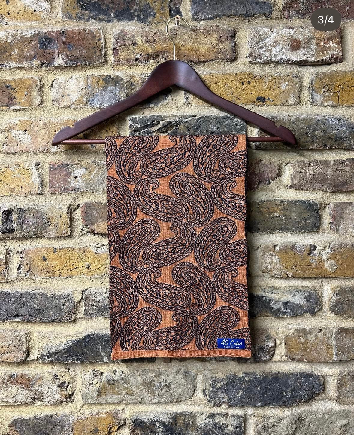 Reversible Paisley Knitted Wool Scarf Navy/Orange