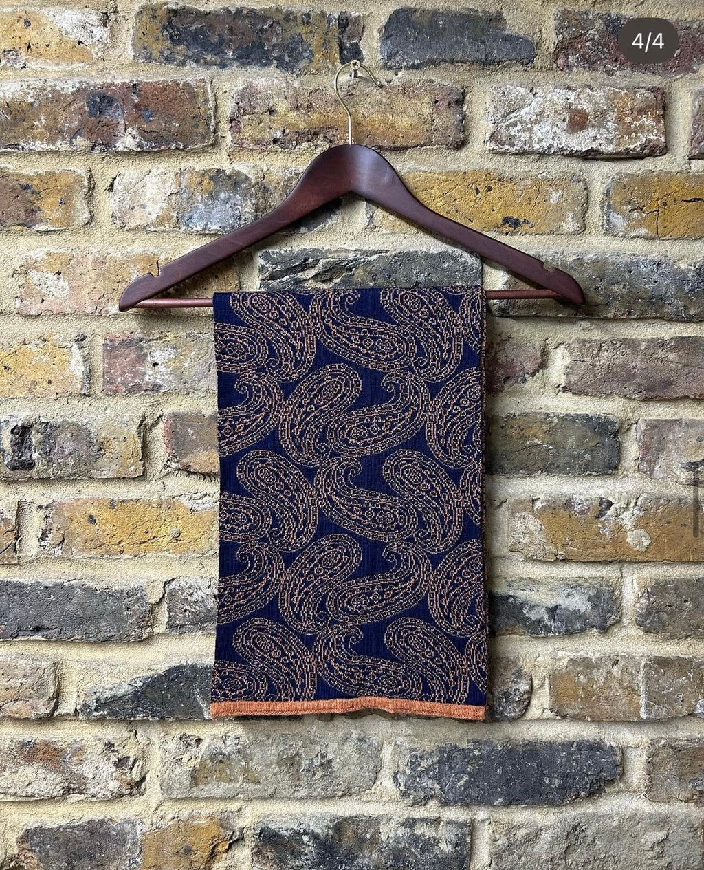 Reversible Paisley Knitted Wool Scarf Navy/Orange