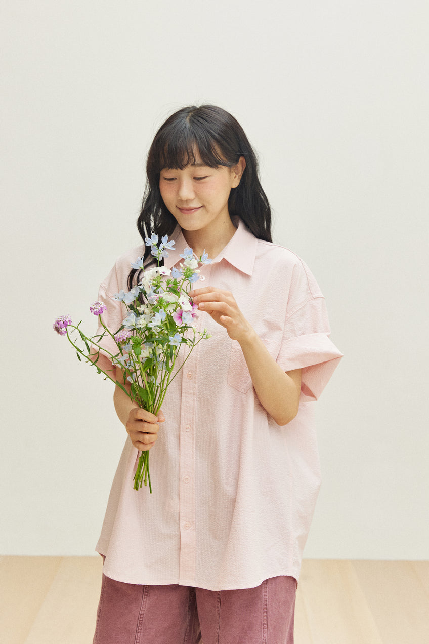 Relaxed Seersucker Half Shirt Light Pink