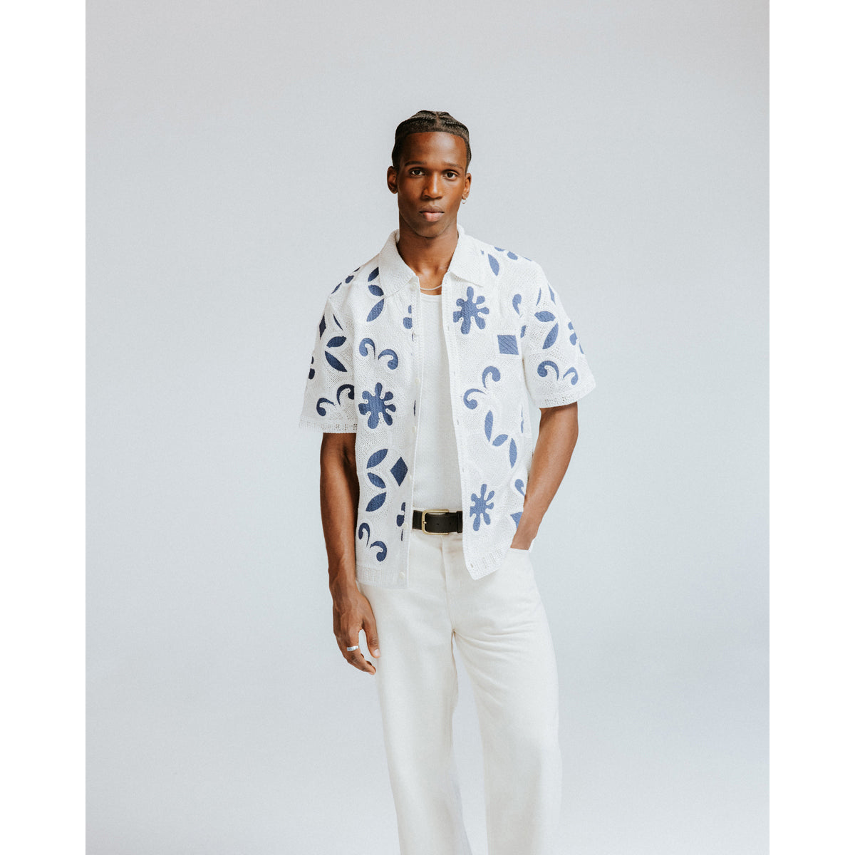 Porto SS Polo Doodle Crochet Ecru/Dark Blue