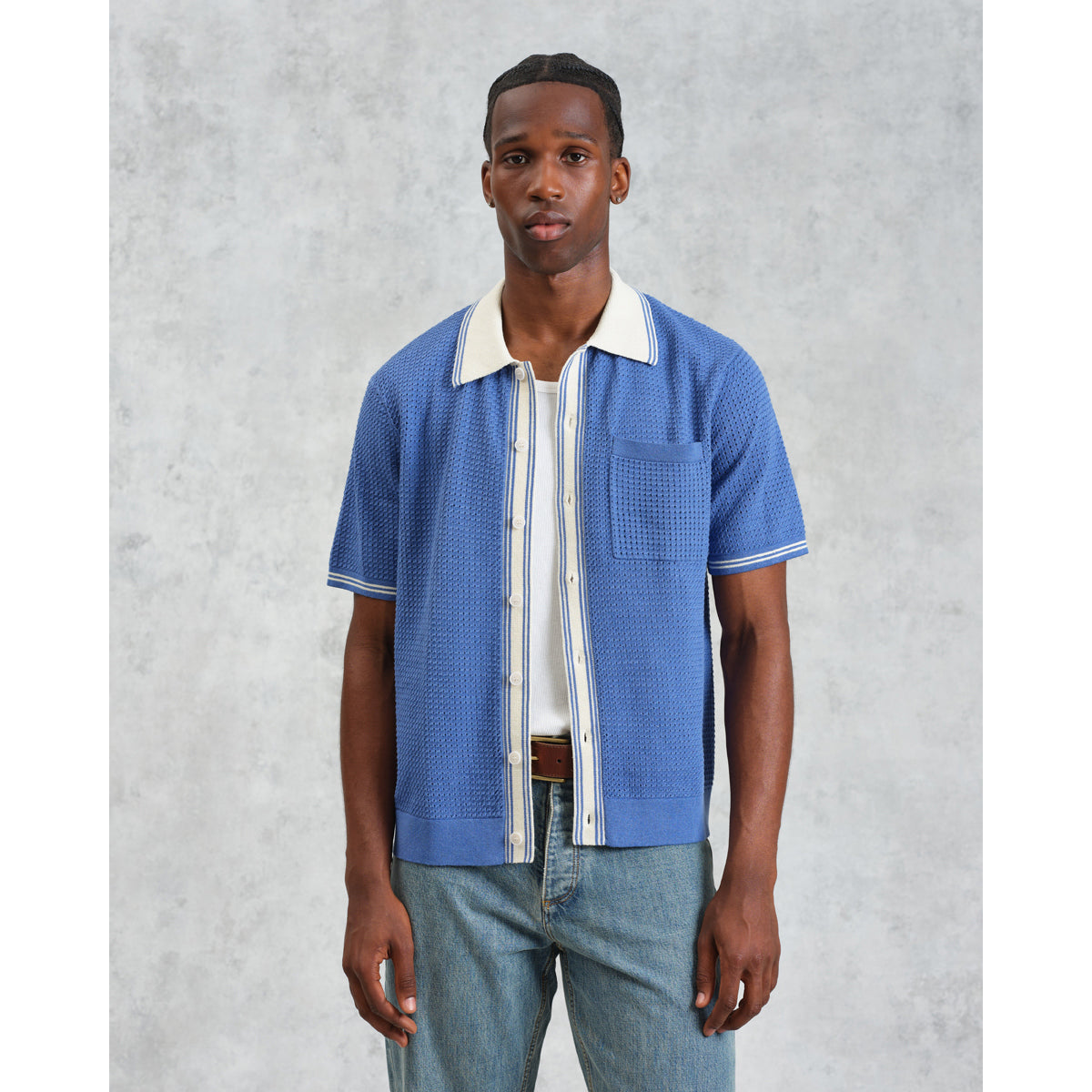 Belle SS Shirt Tipped Pointelle Blue/Ecru