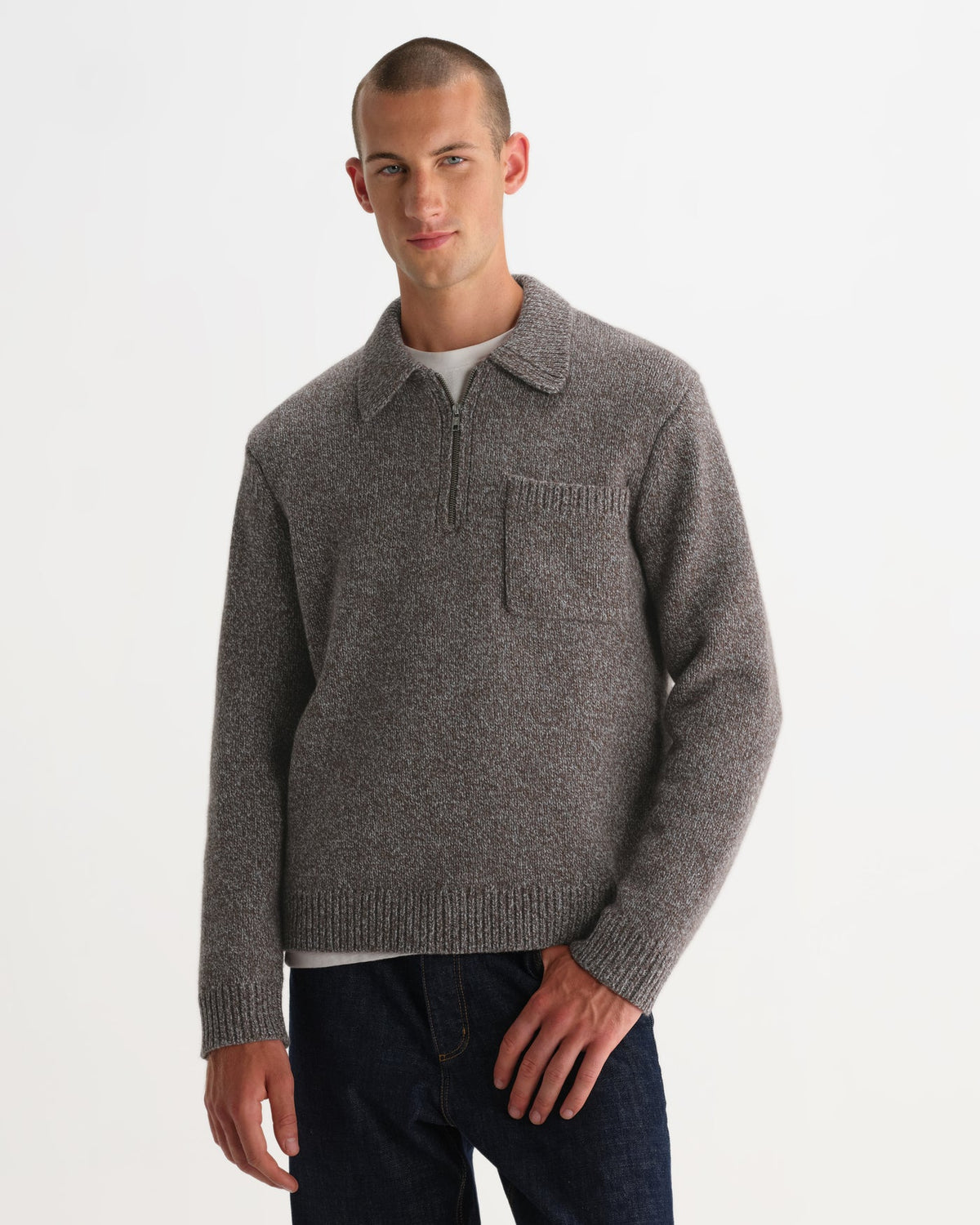Alpha Zip LS Polo Twist Fleck Wool Brown/Grey