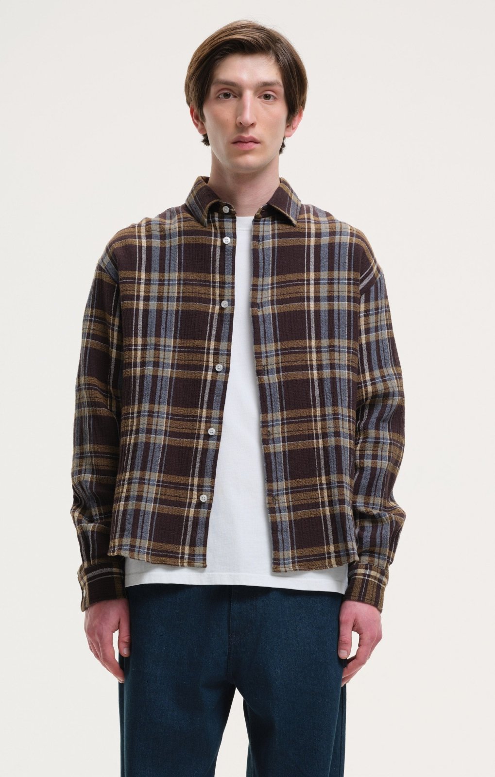 Edouard C Brown Boxy Fit Check Shirt